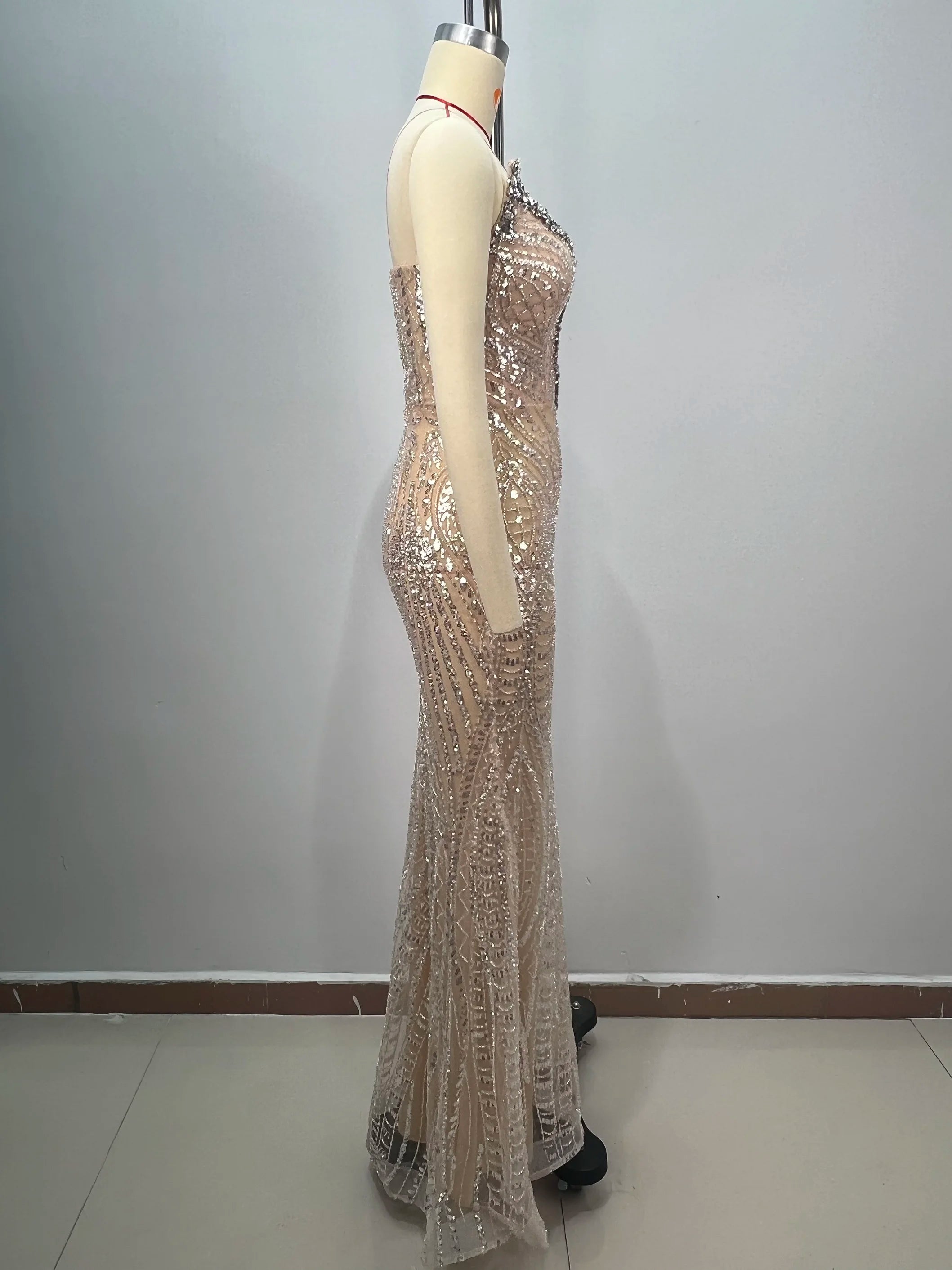 Luxury Diamond Champagne Sequins Sexy Straplerss Ankle Length Dress Woman Birthday Party Dress Celebrity Cocktail Party Vestido