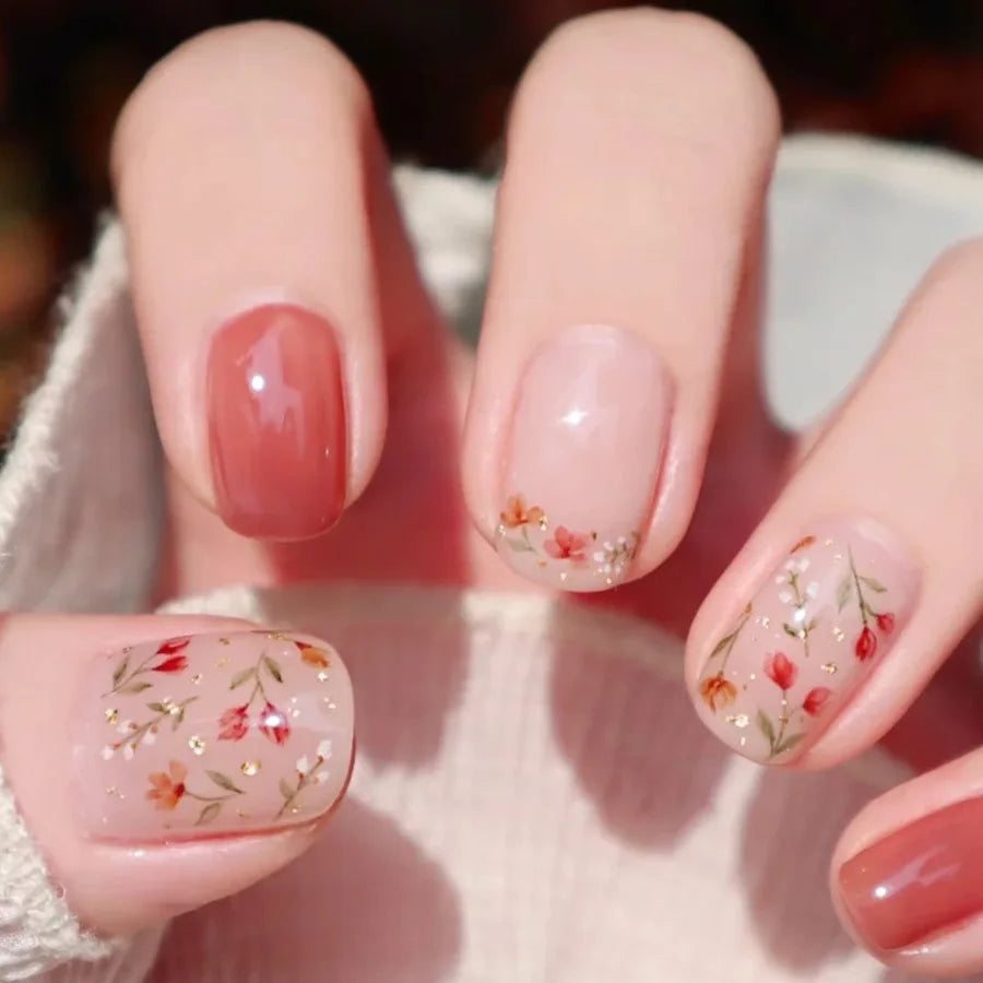 24pcs/set Short Medium long fake nails for women girls Spring summer flowers butterfly flamingo blue pink press on false nails 2027