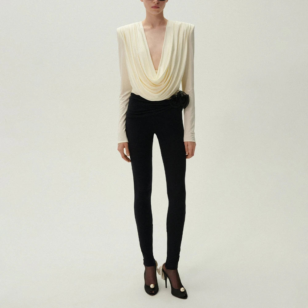 Slim Two Piece Set For Women Swinging Collar Long Sleeve Top High Waist Spliced Appliques Pant Casual Sets Female SET