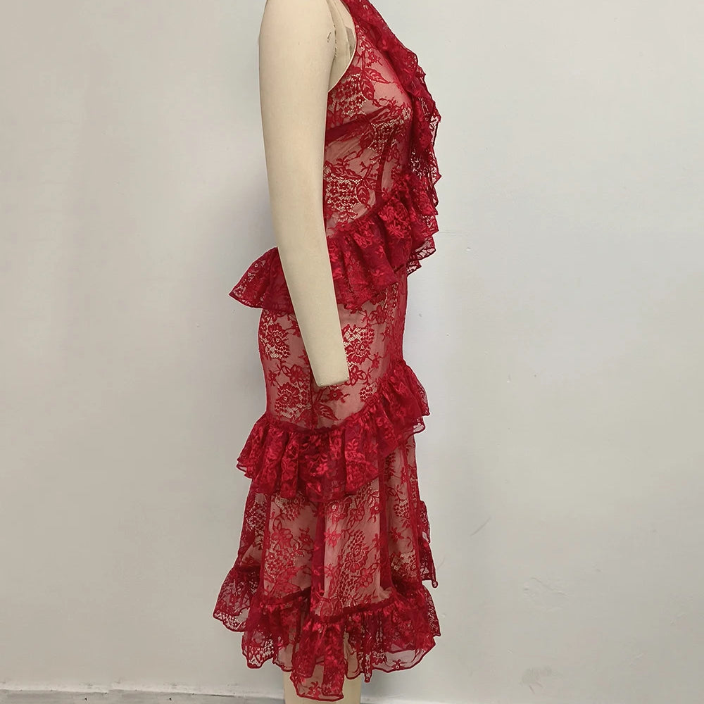 Sexy Lace Midi Halter Dress Women Red Ruffle Backless Sleeveless Party Dresses 2025 Summer Lady Vacation Robes New