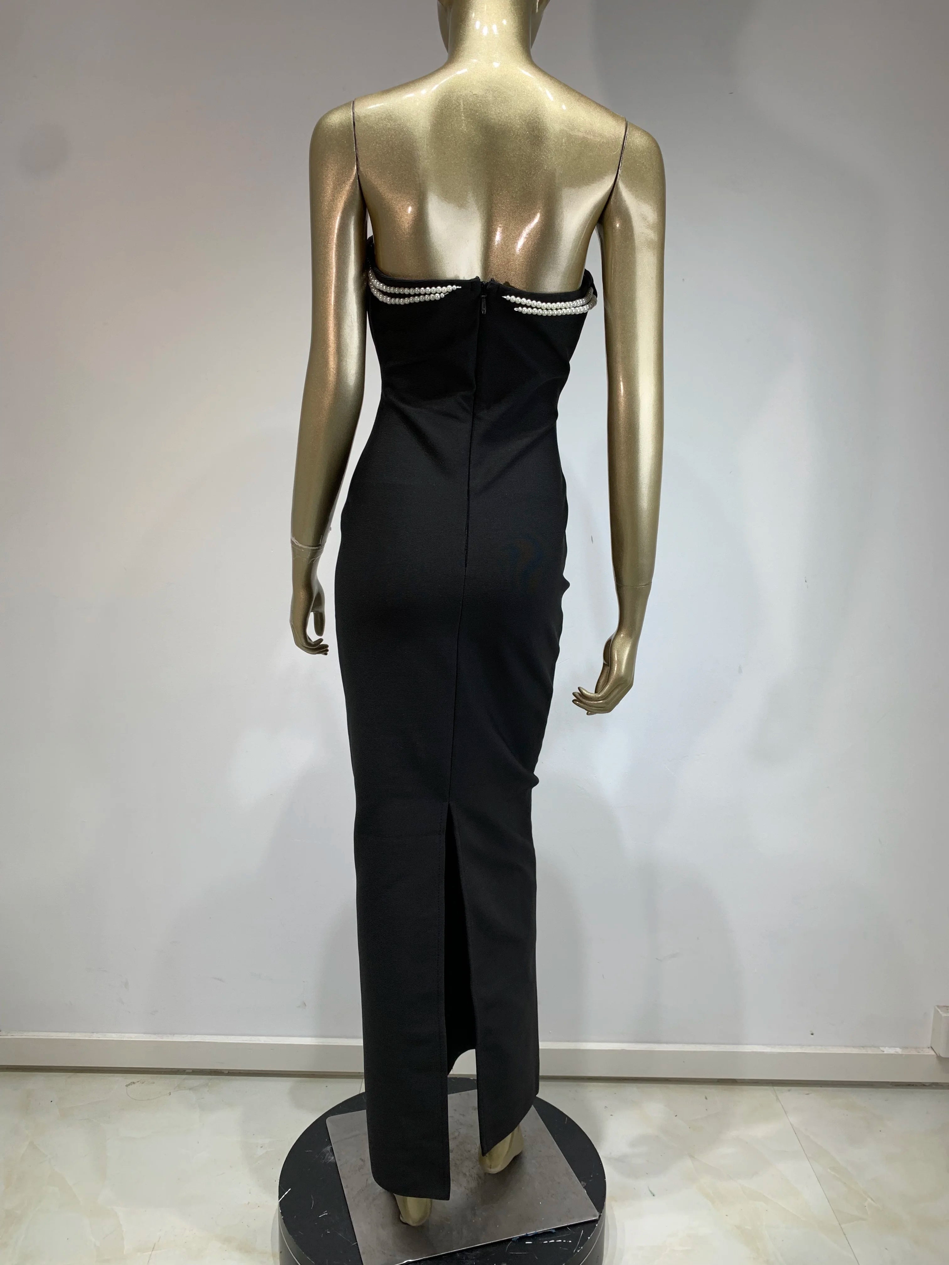Women Celebrity Sexy Strapless Backless Pearl Black Maxi Long Bodycon Bandage Dress 2025 Elegant Evening Club Party Outfit