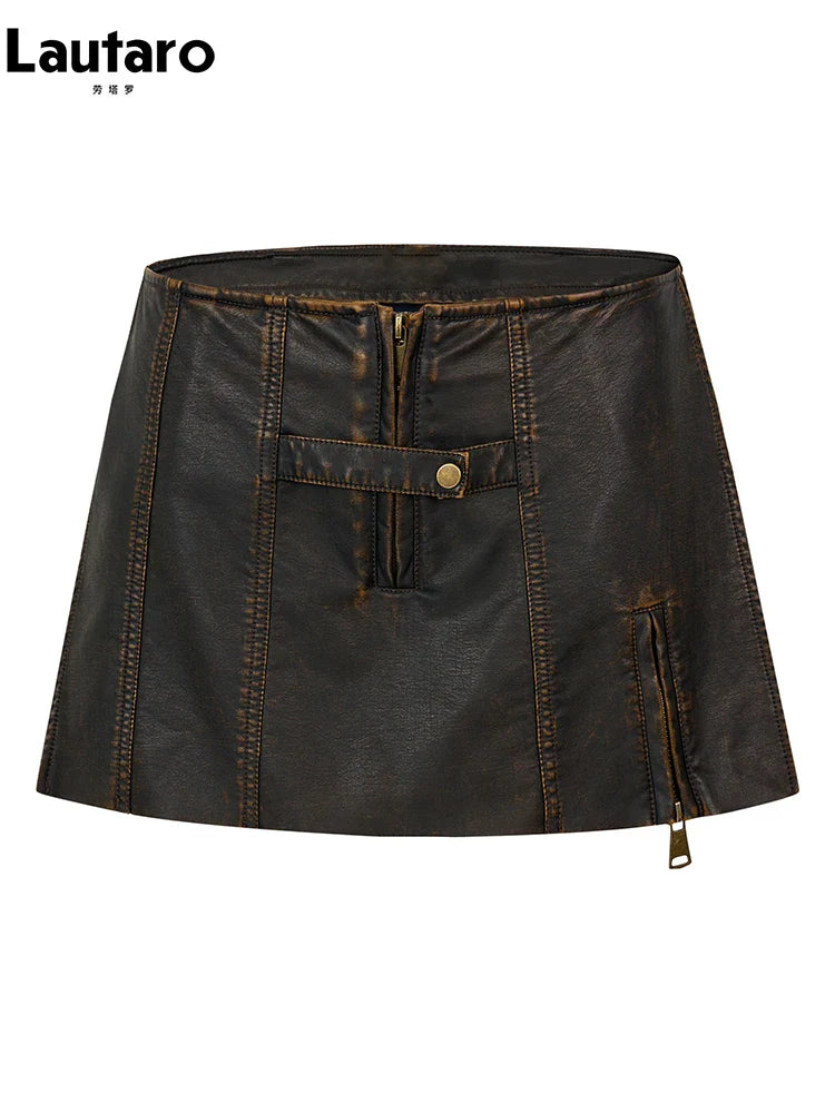 Spring Summer Cool Distressed Brown Pu Leather Mini Skirt Women with Shorts Low Waist Short Luxury Designer Clothes