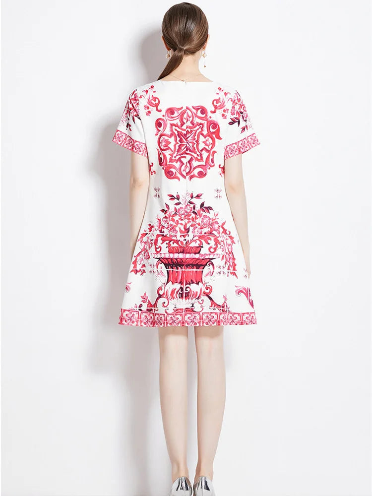 JAMERARY Summer Runway Fashion Red Blue White Porcelain Floral Dress Women's Short Sleeve Flower Printing A Line Mini Vestidos
