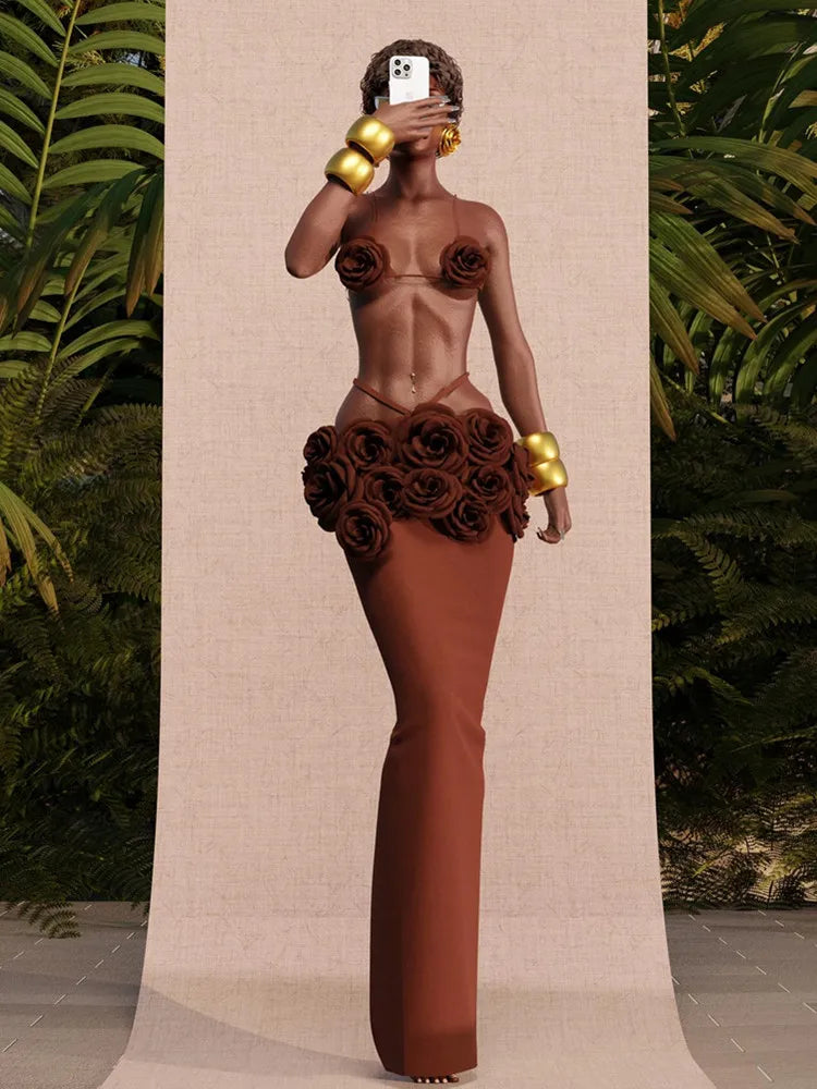 Women Celebrity Sexy Backless Halter Flower Brown Maxi Long Bandage Skirt Set 2025 Knitted Elegant Evening Club Party Clothing Brown