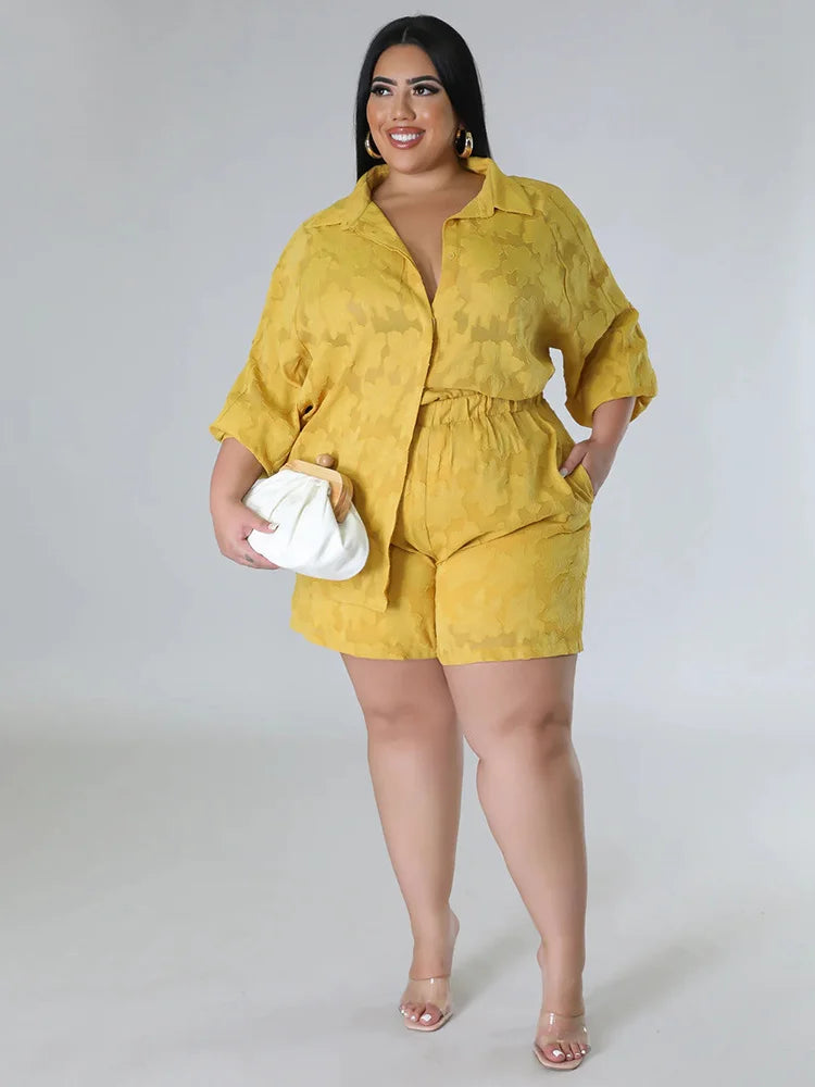Wmstar Plus Size Two Piece Sets Women New Matching Sets Loose Shirts Top Shorts Tracksuit Casual Summer Wholesale Dropshipping Yellow