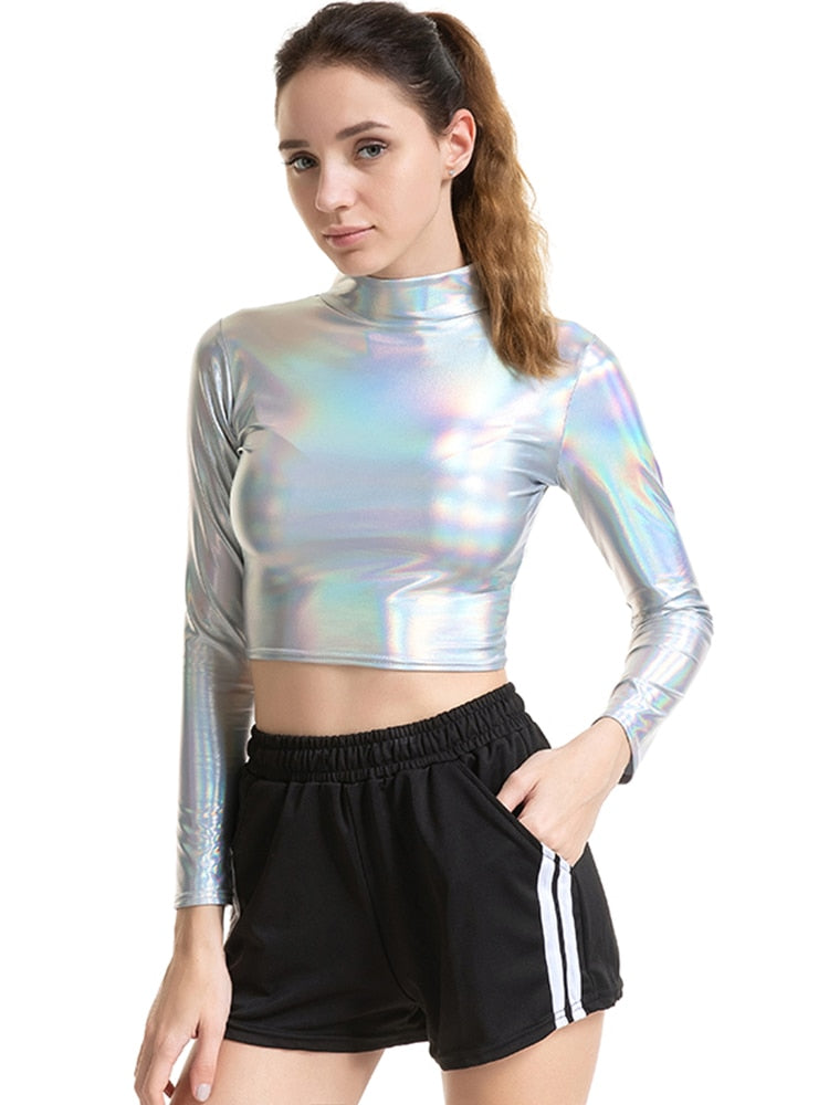 PU Short Top Women Shiny Leather Top High Street Turtleneck Dance Clubwear Long Sleeve Tops Gold Silver Costumes T shirt