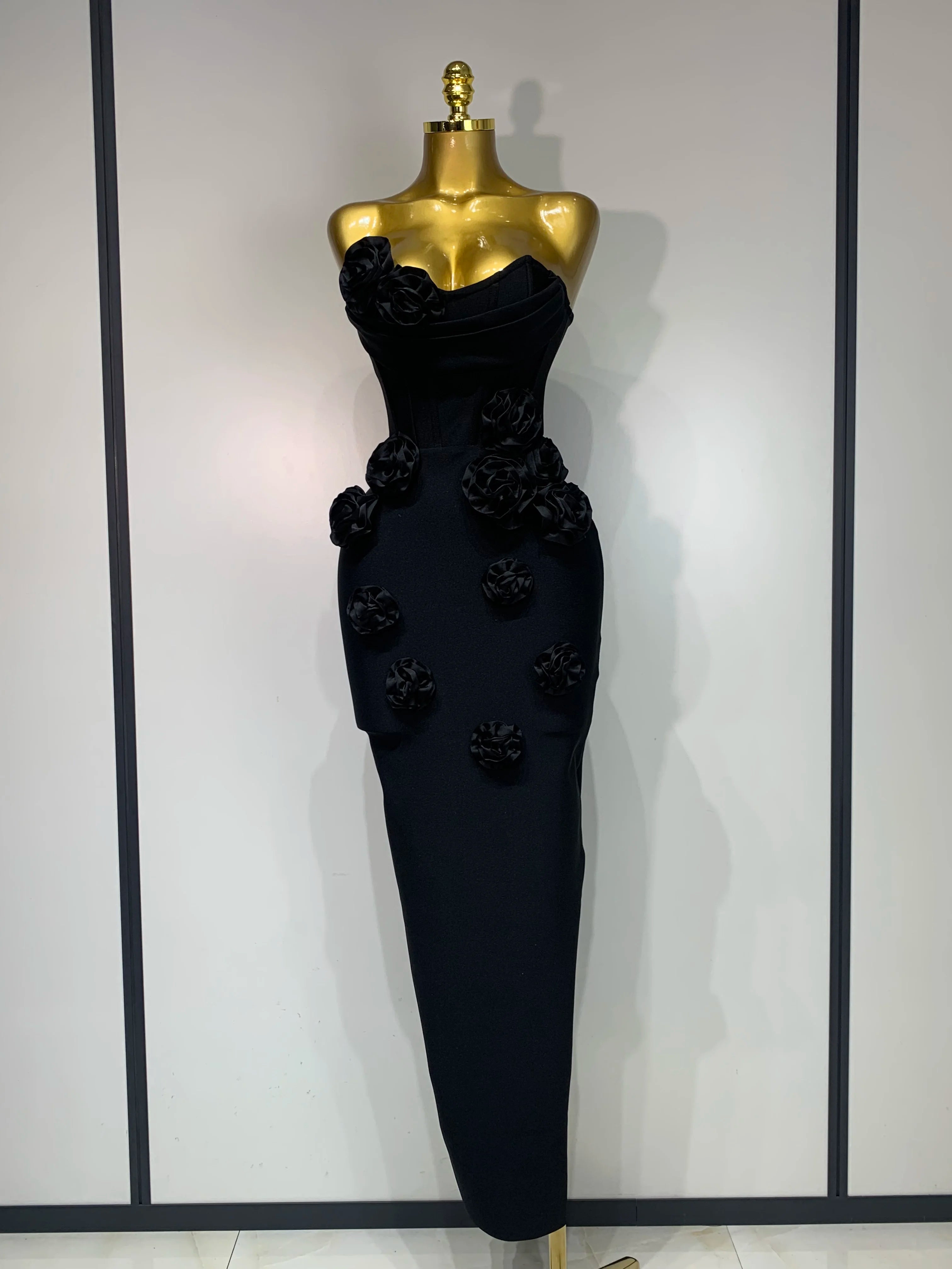 2025 Newest Women Sexy Strapless Backless Red Flower Midi Bandage Dress Celebirty Elegant Evening Club Party Birthday Dresses black