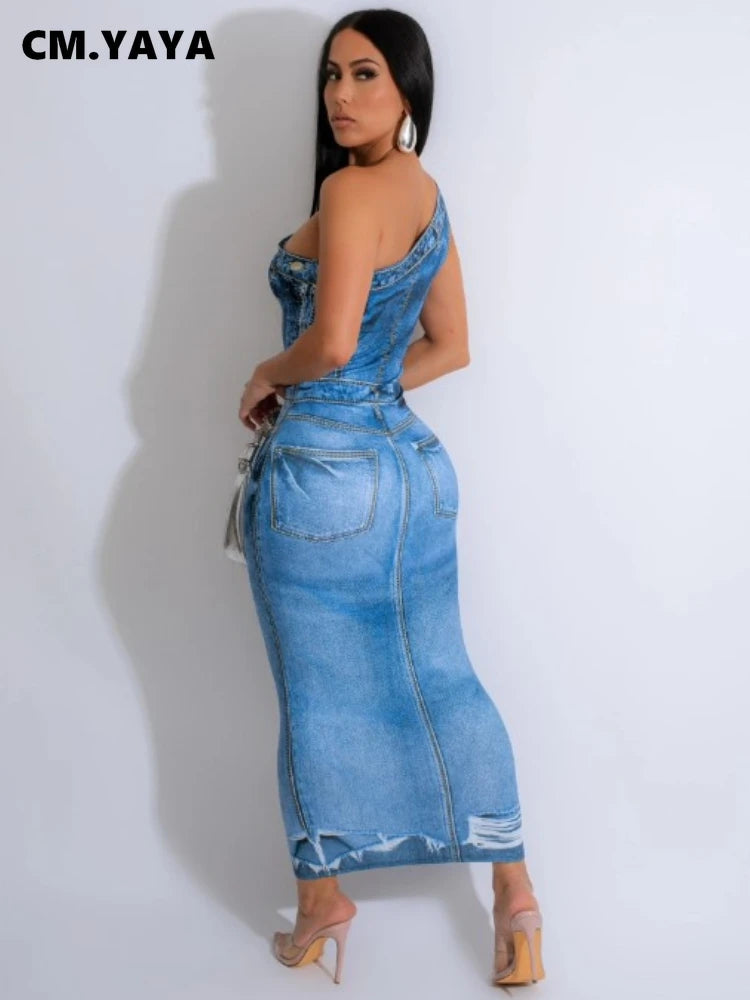 Women Fake Jean 3D Printed One Shoulder Sleeveless Bodycon Midi Maxi Dress 2024 Club Sexy Party Long Dresses Vestido