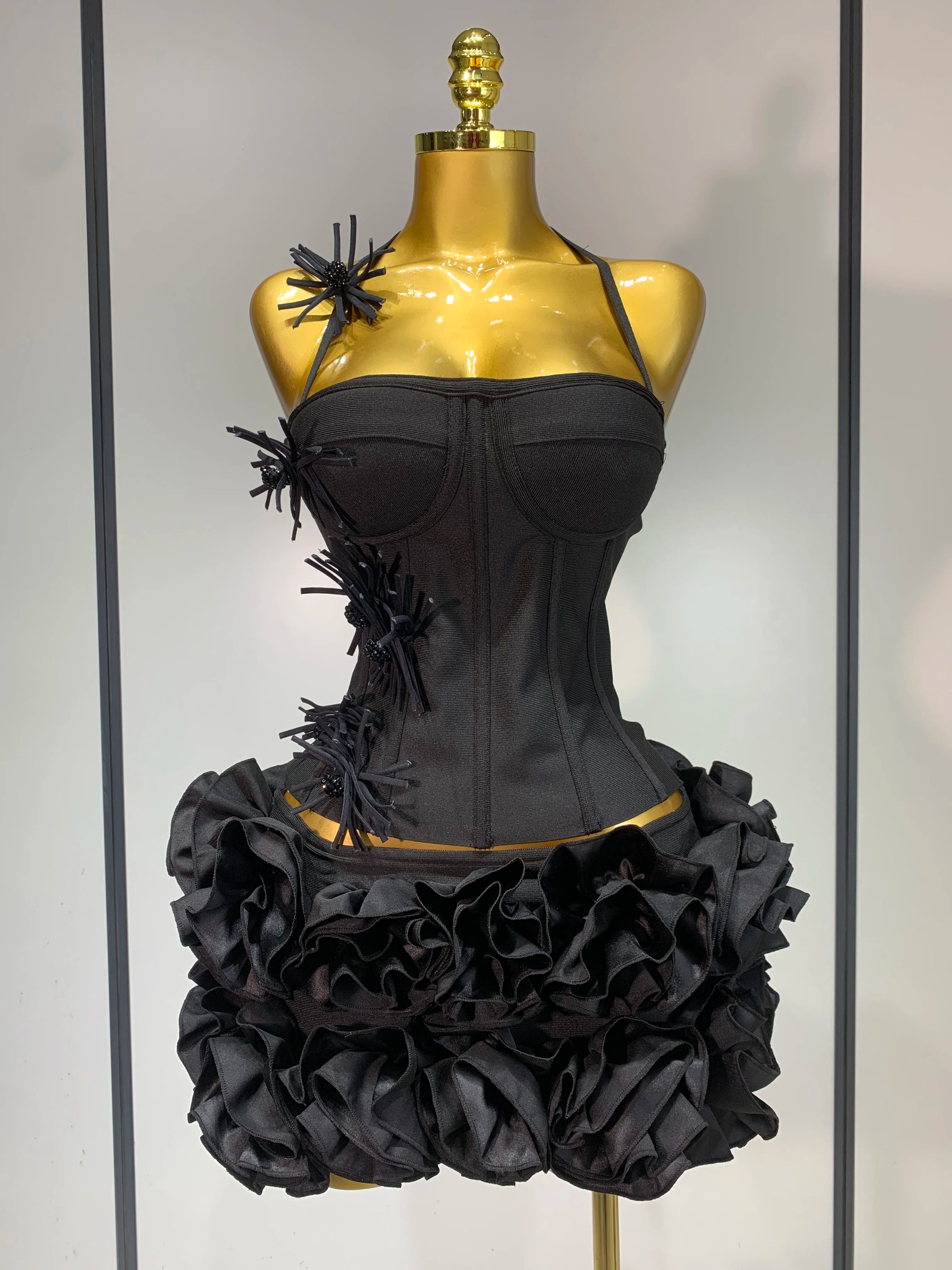 Women Fashion Sexy Halter Prom Gown Celebrity Club Two Piece Set Cocktail Elegant Luxury Birthday Party Red Black Bandage Outfit black