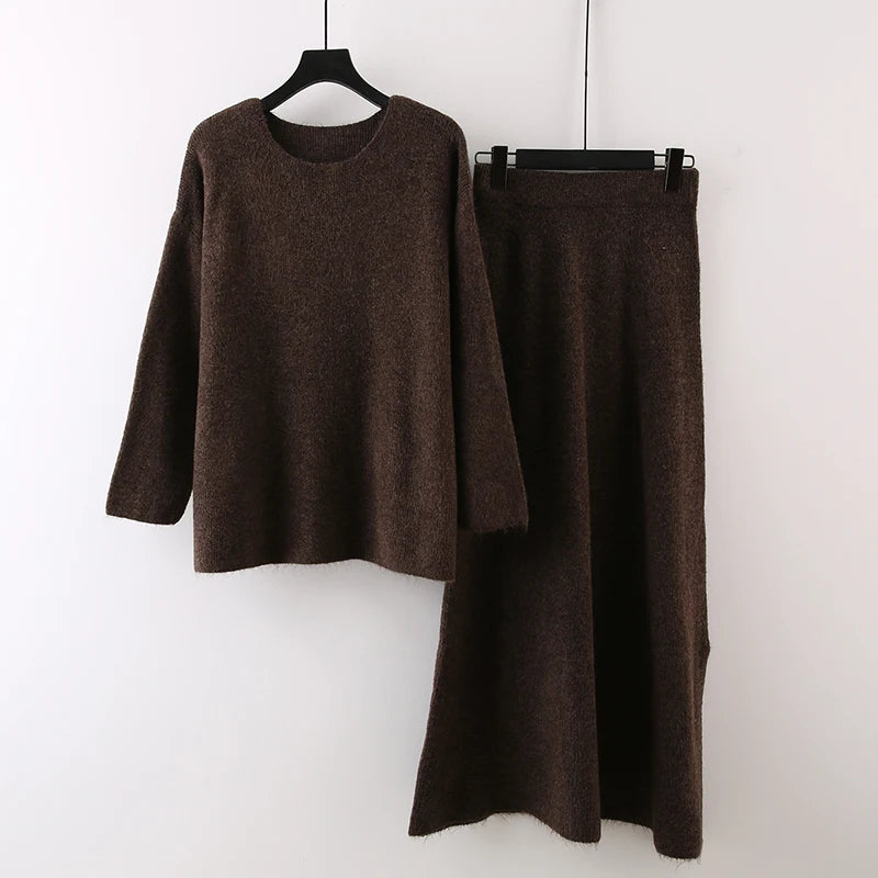 Autumn Winter New Fashion High-End Casual Knitted Set For Women Tassel Shawl Pullover Sweater Skirt Female 11A07539 Coffee One Size