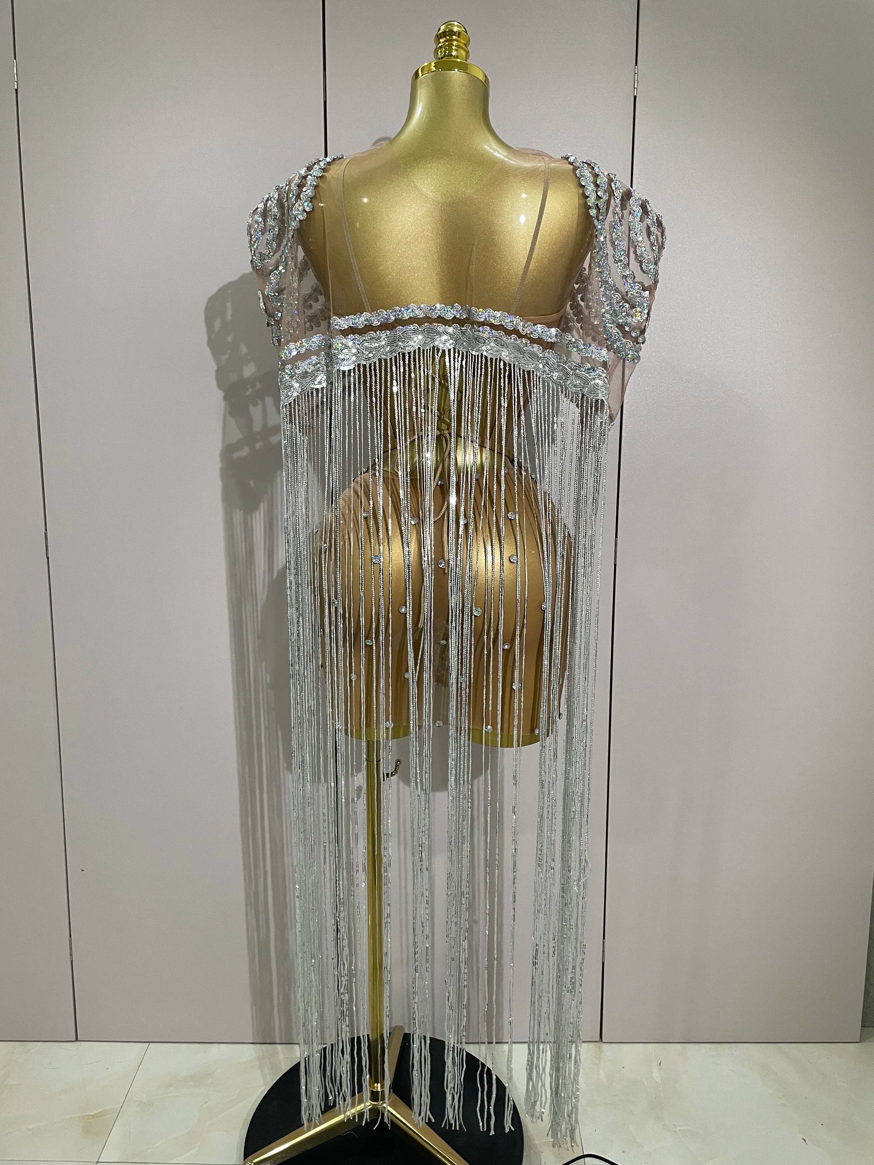 Stock Sparkly Rhinestones Sequins Sexy Mesh Tassels Cape Short Dress 2025 Women Evening Birthday Party Nightclub Stage Costume