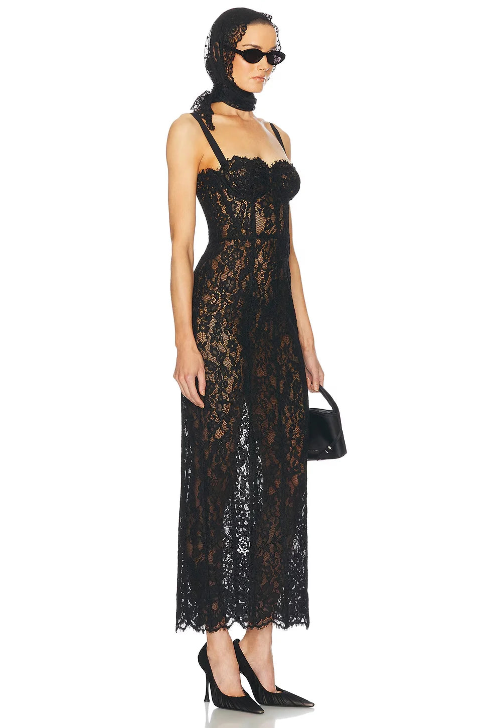 New Summer Black Women Sleeveless Sexy Strap Square Collar Lace Bodycon Mid-calf Dress Evening Party Celebrate Birthday Wear