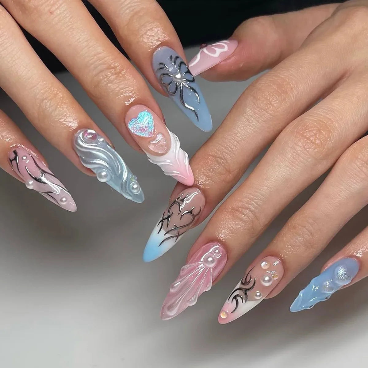 24Pcs Mid-length Almond Fake Nail Tips Pink French 3D Press on False Nails with Bow Design Wearable Oval Head Manicure Art 2949