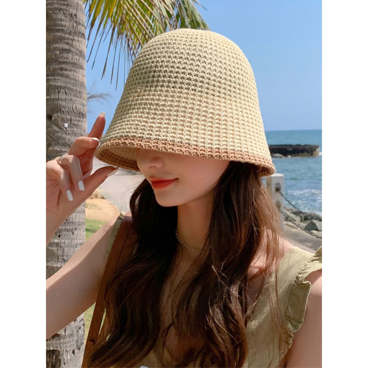 Summer Bicolor Knit Bucket Hat For Woman 2024 Trendy Black Bucket Hat Sun Caps Fashion Trend Charm Y2k Young Girl Kpop Gift Girl 2 55-59 cm