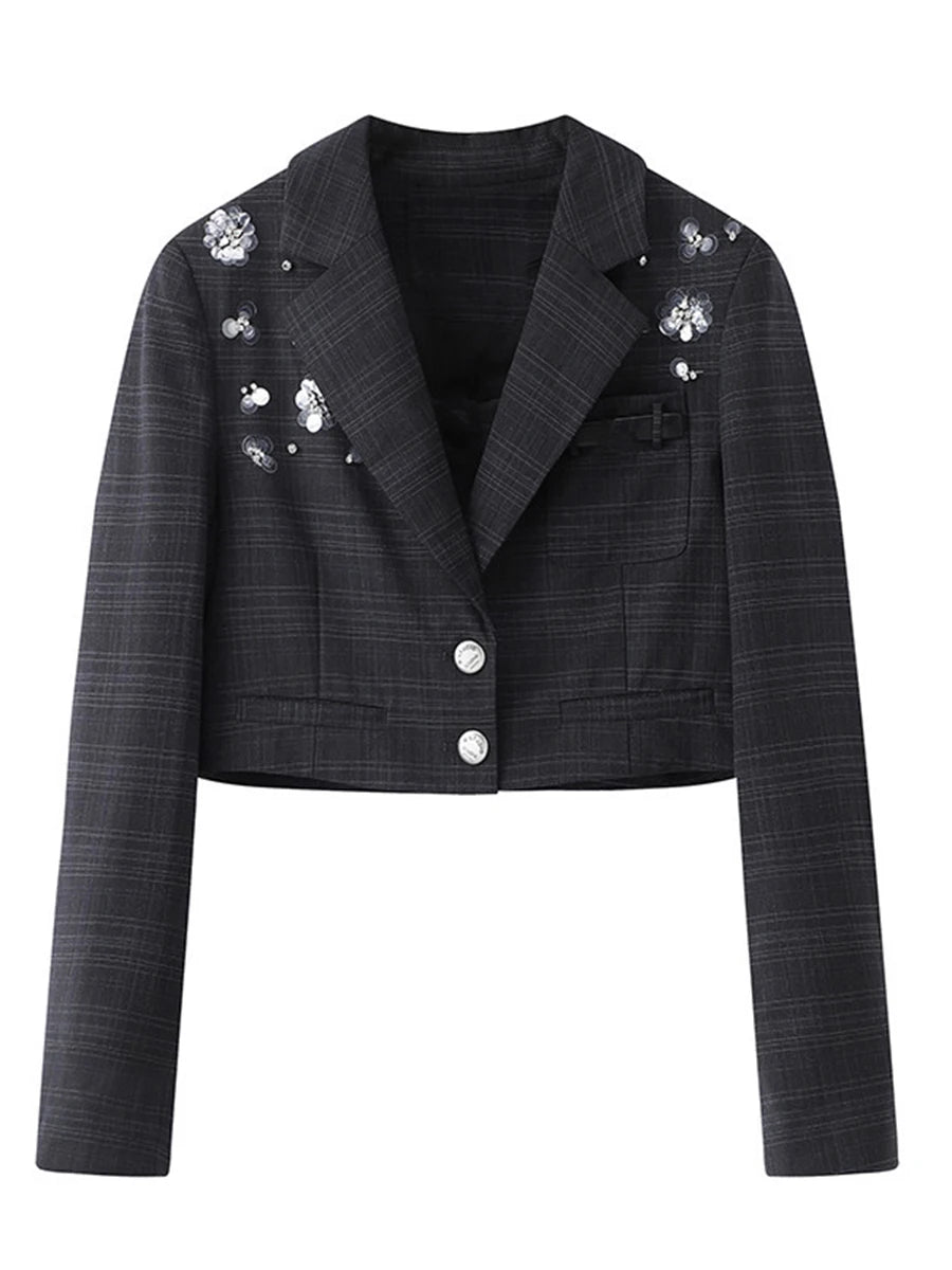 Solid Slimming Spliced Appliques Elegant Jackets for Women Lapel Long Sleeve Patchwork Button Fashion Jacket Female DARKGRAY