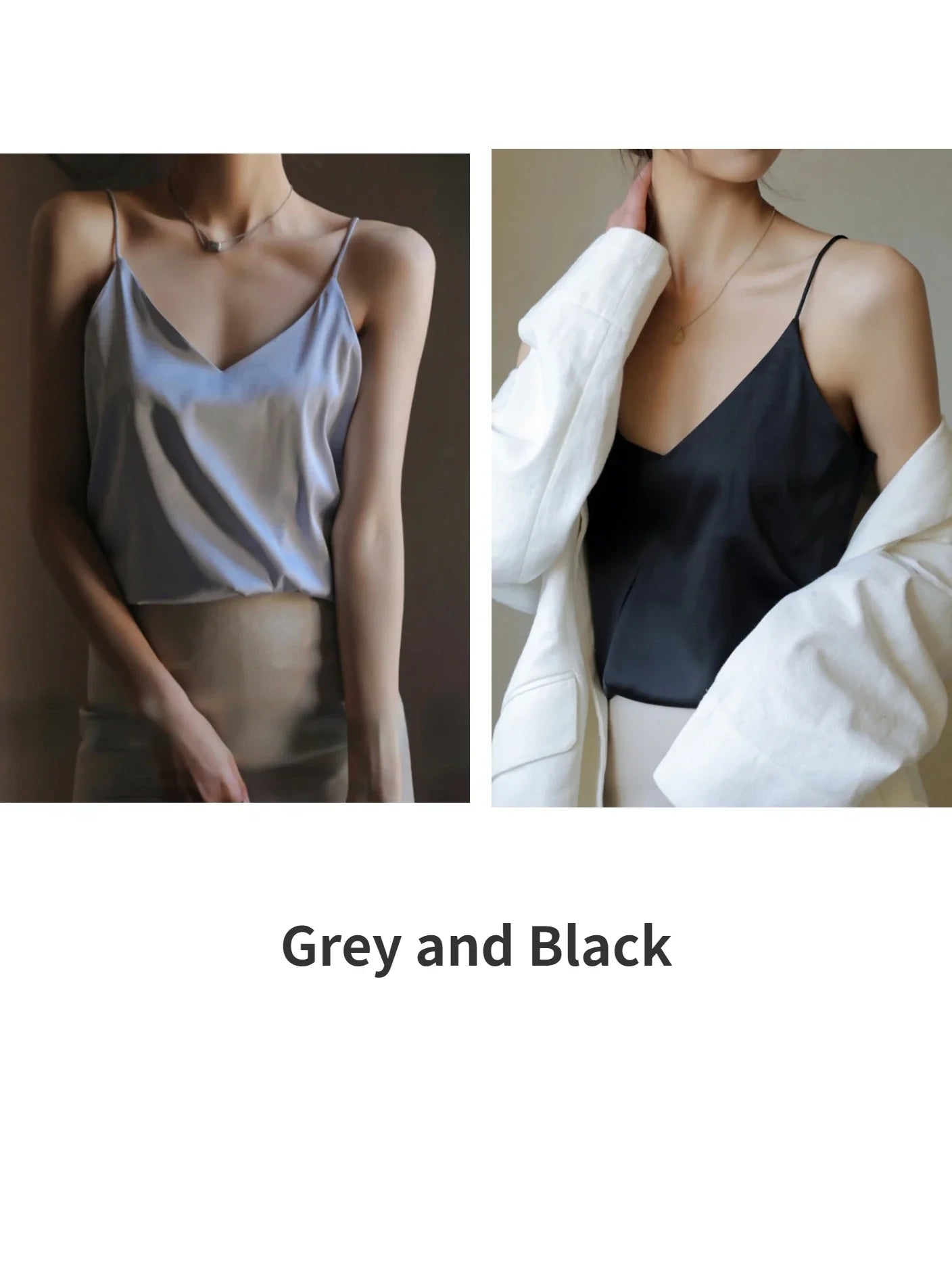 Grey Camisoles for Women Acetate SATIN Loose Summer Spaghetti Strap Tank Top Solid V-neck Fashion Sexy Backless Tanks & Camis Grey and Black