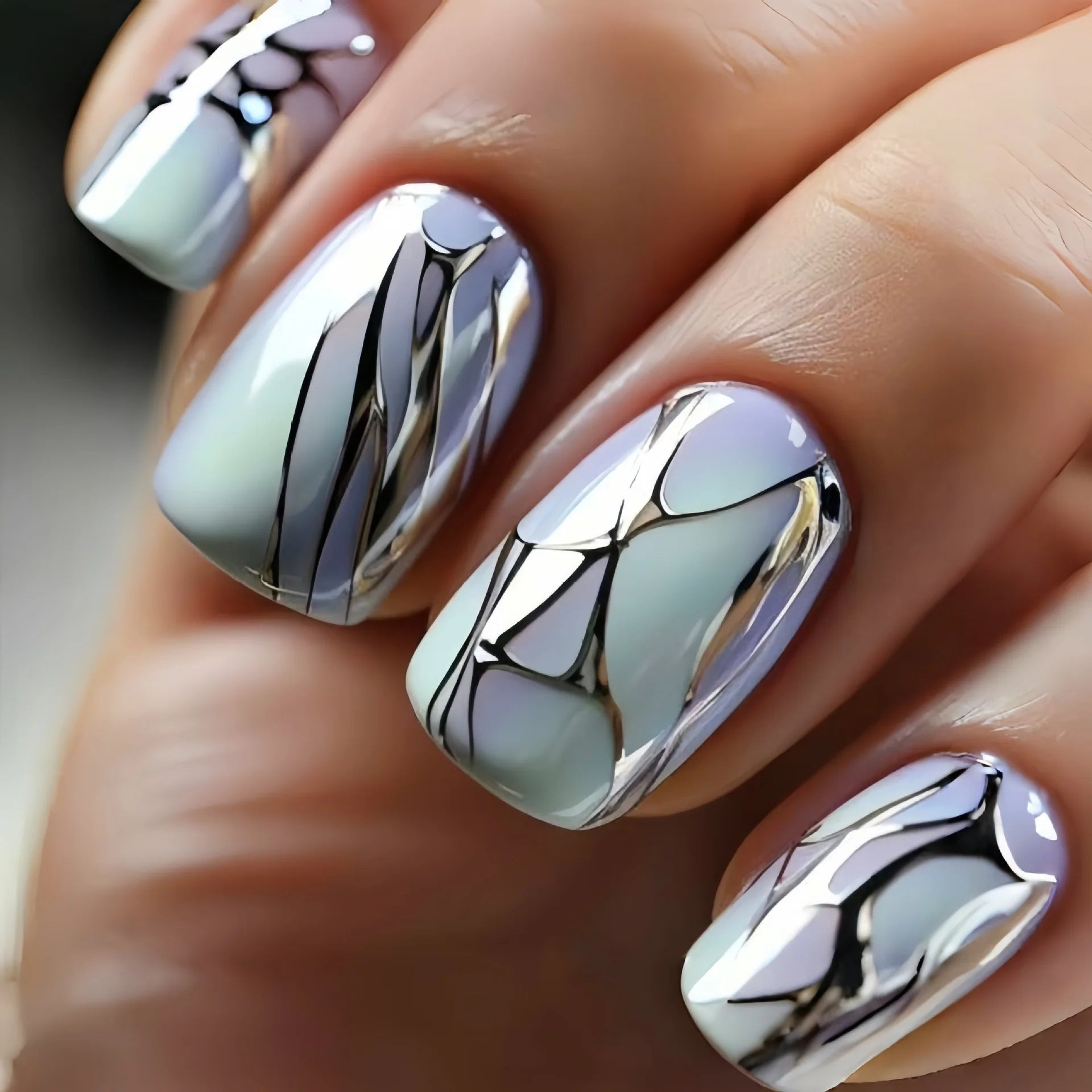 24Pcs Lightning Stripe Smudging Press on Fake Nails Mid-length Square Head False Nails Green Wearable Fashion Full Nail Art Tips 27