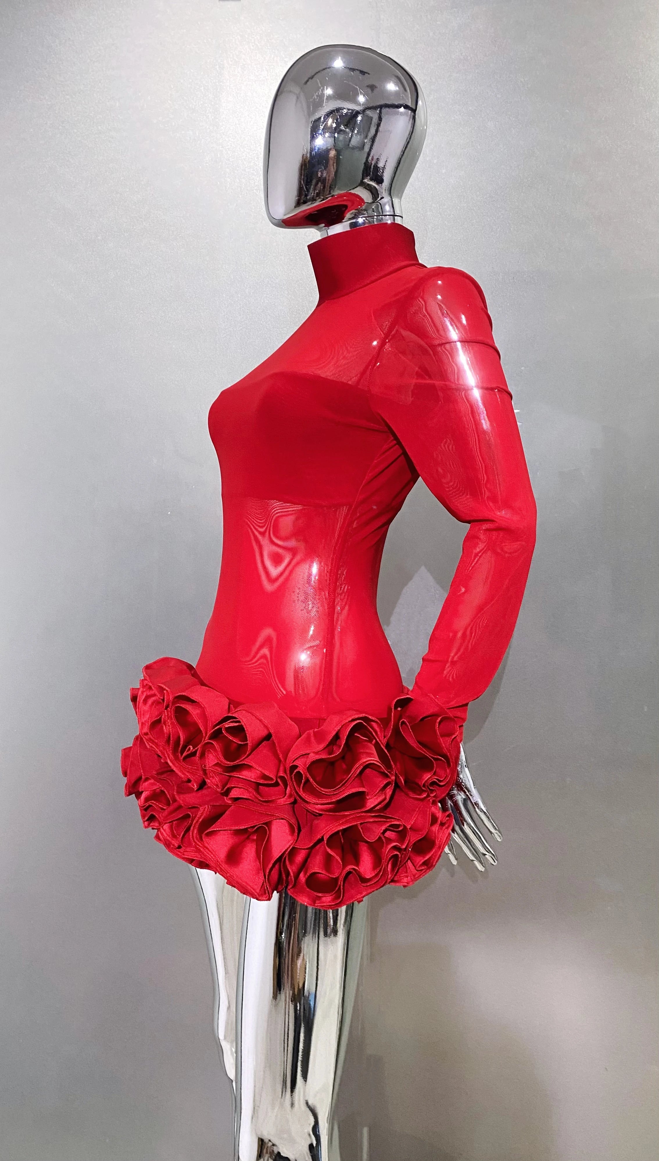 2024 New Sexy Mesh See through Stereoscopic Flowers Red Mini Evening Dress Sweet Woman Birthday Party Dress Performance costume