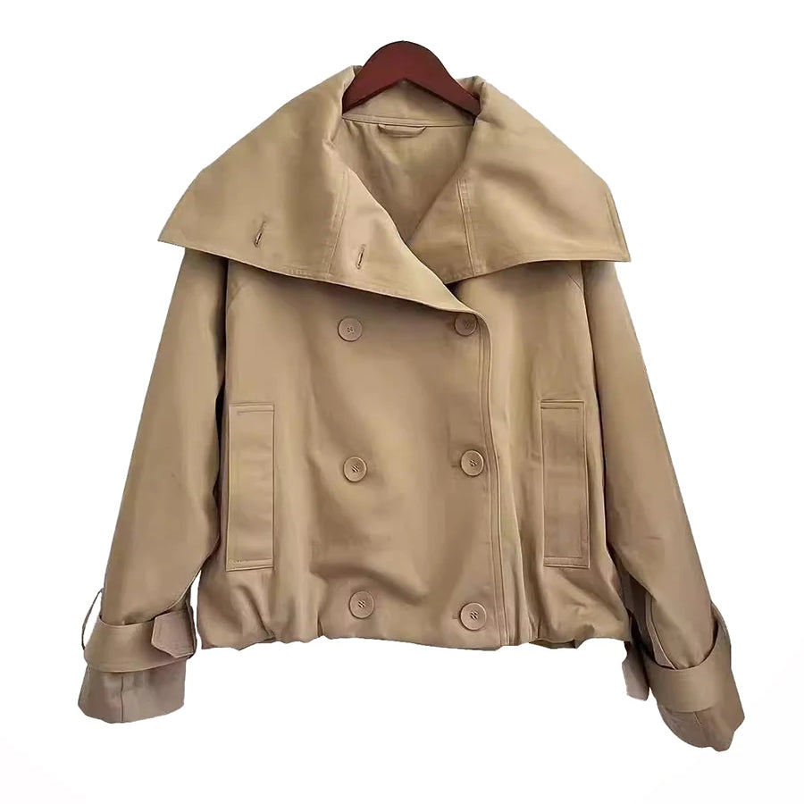 Lautaro Autumn Cool Short Oversized Khaki Jacket Coat Women Stand Collar Double Breasted Loose Casual Korean Fashion Clothes