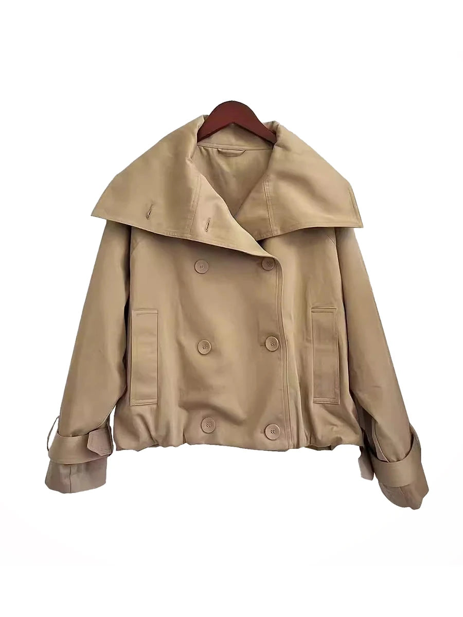 Lautaro Autumn Cool Short Oversized Khaki Jacket Coat Women Stand Collar Double Breasted Loose Casual Korean Fashion Clothes