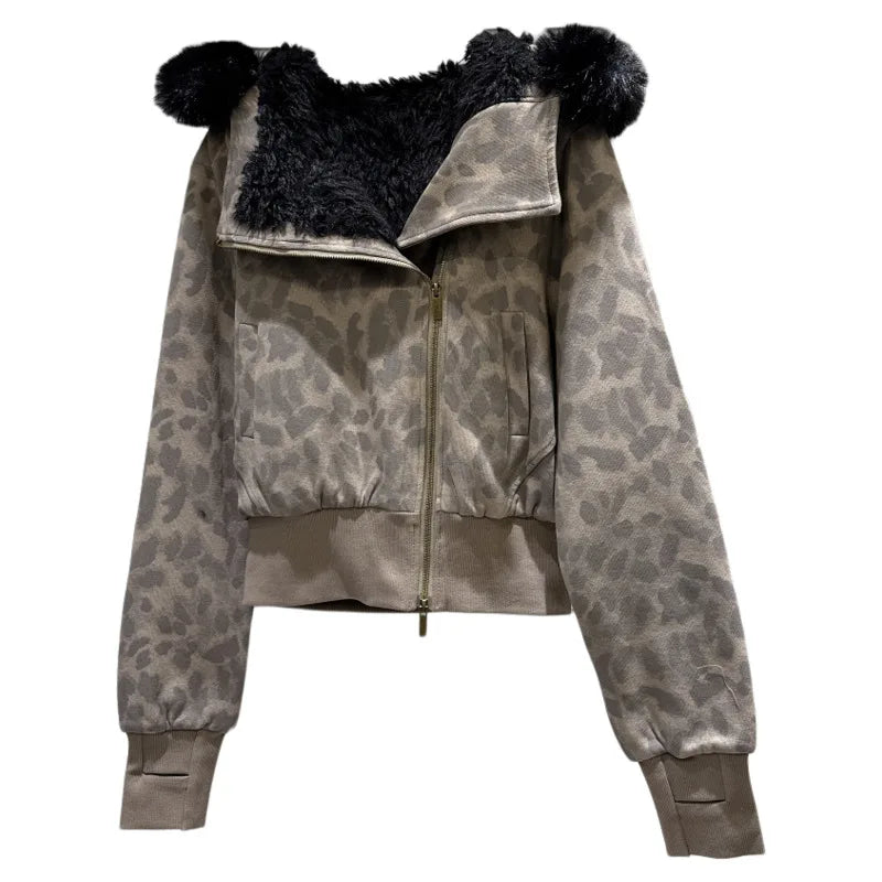Winter New Sweet Fashion Metal Diagonal Zipper Camouflage Furry Lined Short Jacket For Women Versatile Coat 11A07506