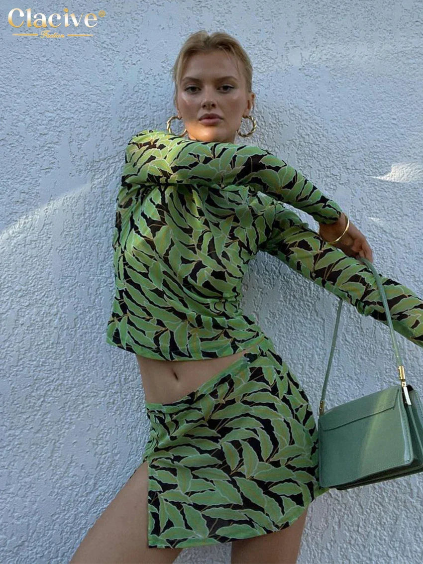 Clacive Bodycon Print Women's Dress Fashion Slim O-Neck Long Sleeve Mini Dress Elegant Classic Slit Party Dresses Female