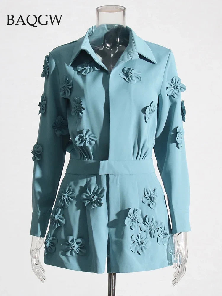 Floral Spliced Designer Casual Jumpsuits for Women Lapel Long Sleeve High Waist Temperament Office Lady Fashion Rompers Jumpsuit Blue