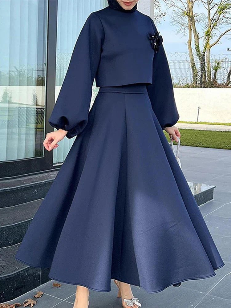 Ramadan Elegant 2 Piece Set Women Lantern Sleeve Flower Crop Top High Waist A-line Skirt Suit Spring Lady Abaya Turkey Sets