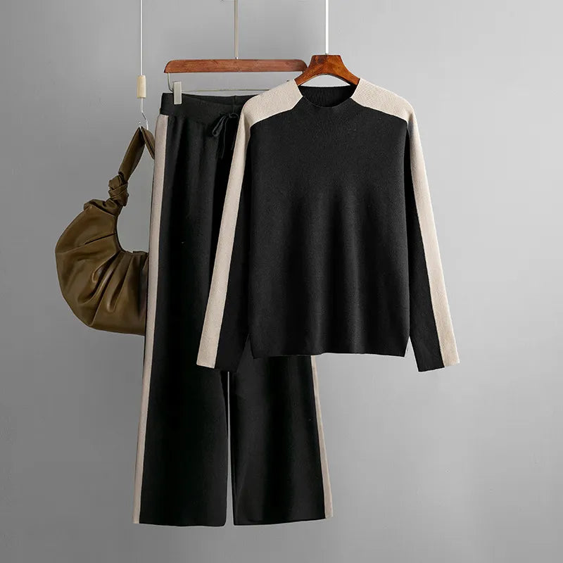 Women's Knitted Suit Pullover Autumn Winter Two Piece Sets Long Sleeve Tops Keep Warm Pants Sets Casual Basic Tracksuit 2 Pieces Black One Size