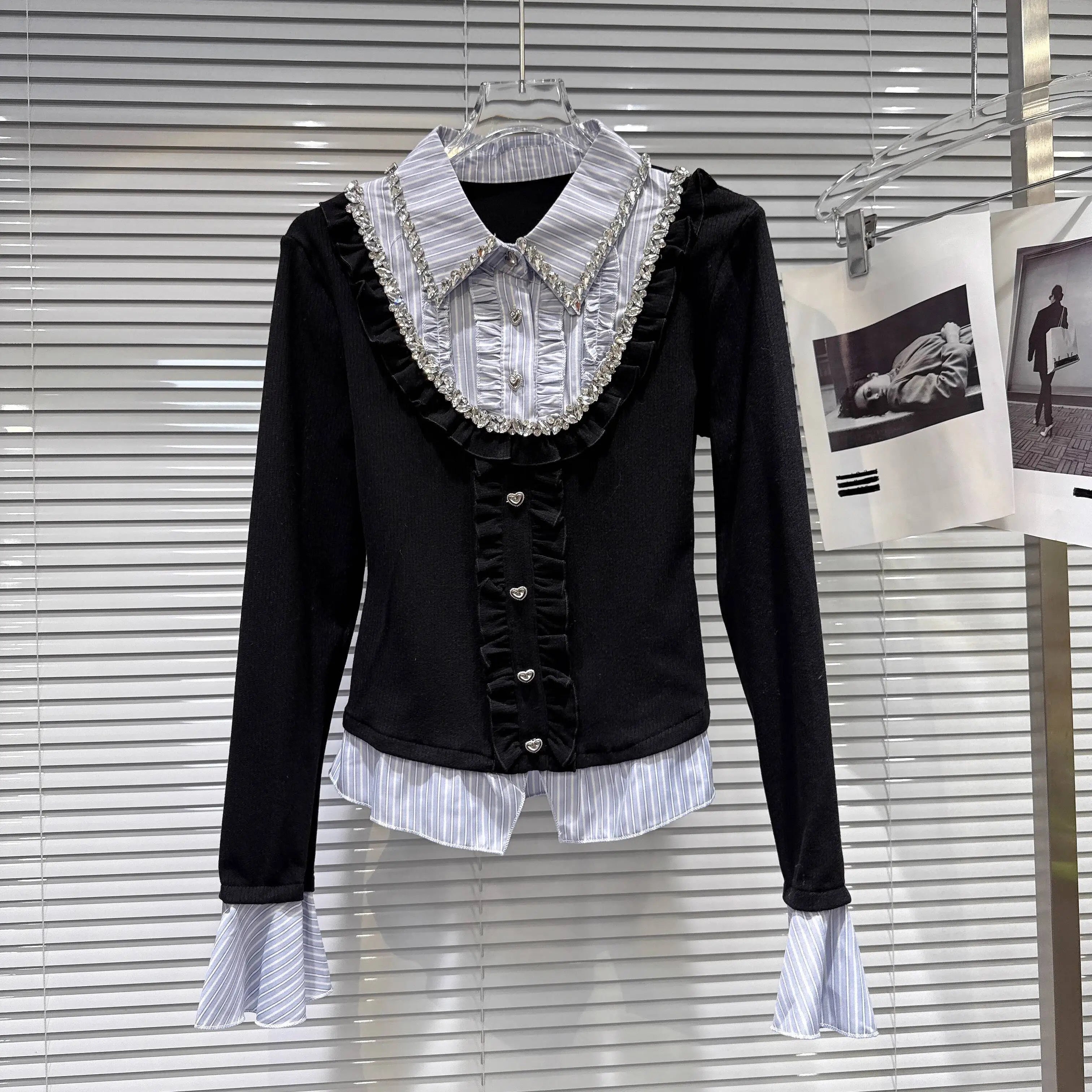 Winter New Style Rhinestone Ruffled Edge Patchwork Fake Two-Piece Shirt For Women Contrast Color Tops Female 11A07757 Black One Size