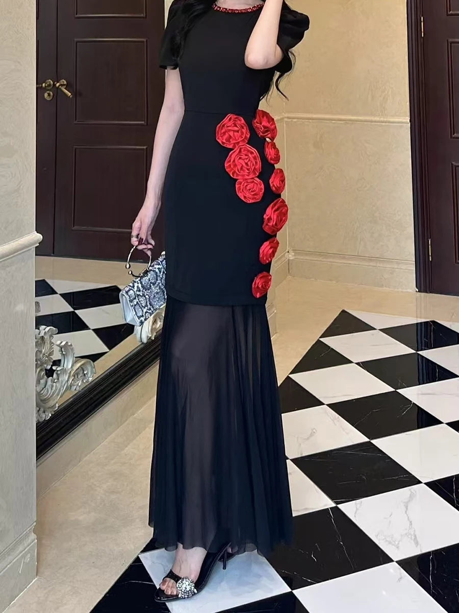 Hit Color Slimming Spliced 3D Flower Elegant Dresses for Women Round Neck Short Sleeves Dress Femlae Clothing New