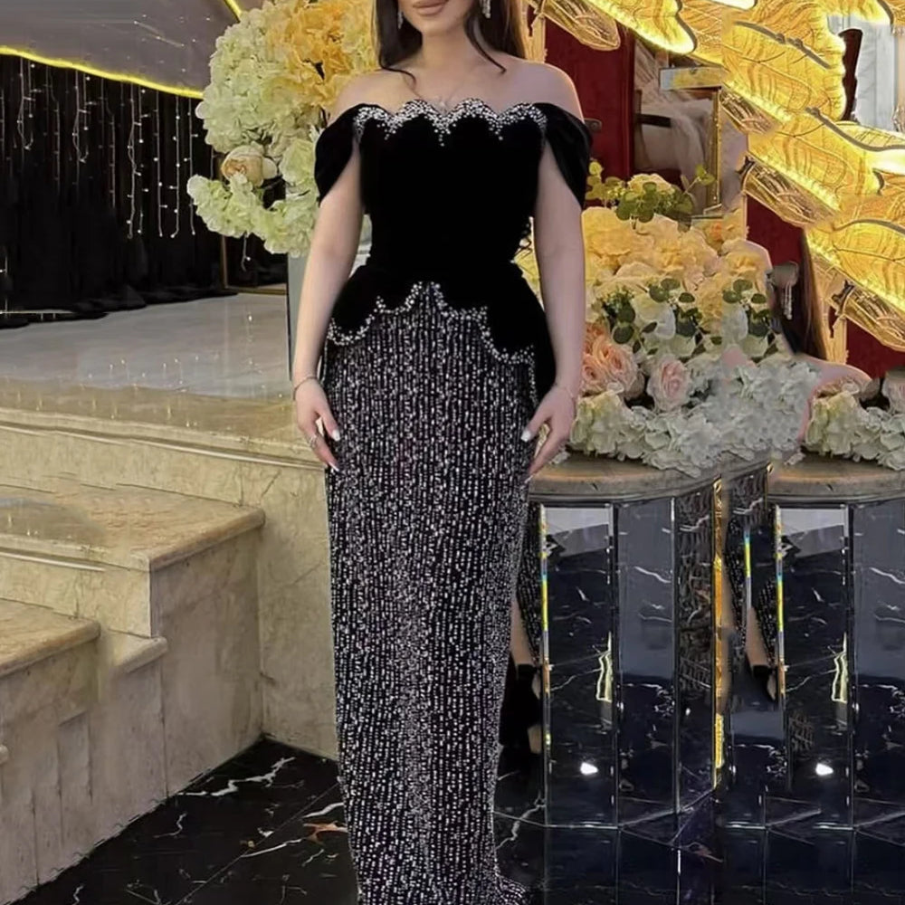 Women Sexy Off Shoulder Pearl Diamond Black Maxi Long Bandage Two Piece Set 2025 Elegant Evening Club Party Prom Gowns