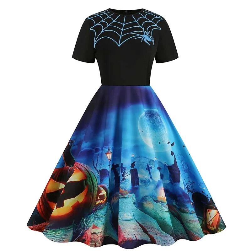Women Halloween Costumes Dresses Short Sleeve Print 2024 Autumn Winter Vintage Party Dress Vestidos 006