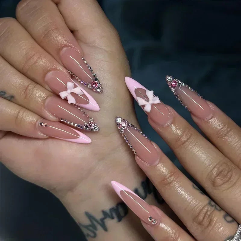 24Pc Long Stiletto Press on Nails Cherry Pink French False Nails with 3D Bow Pearls Design Detachable Acrylic Fake Nail Art Tips