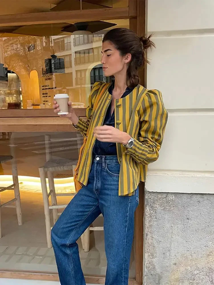 Women Contrasting Stripes Shirt Jacket Elegant Loose O Neck Long Puff Sleeve Thin Coat New Chic Female Artistic Streetwear 2024