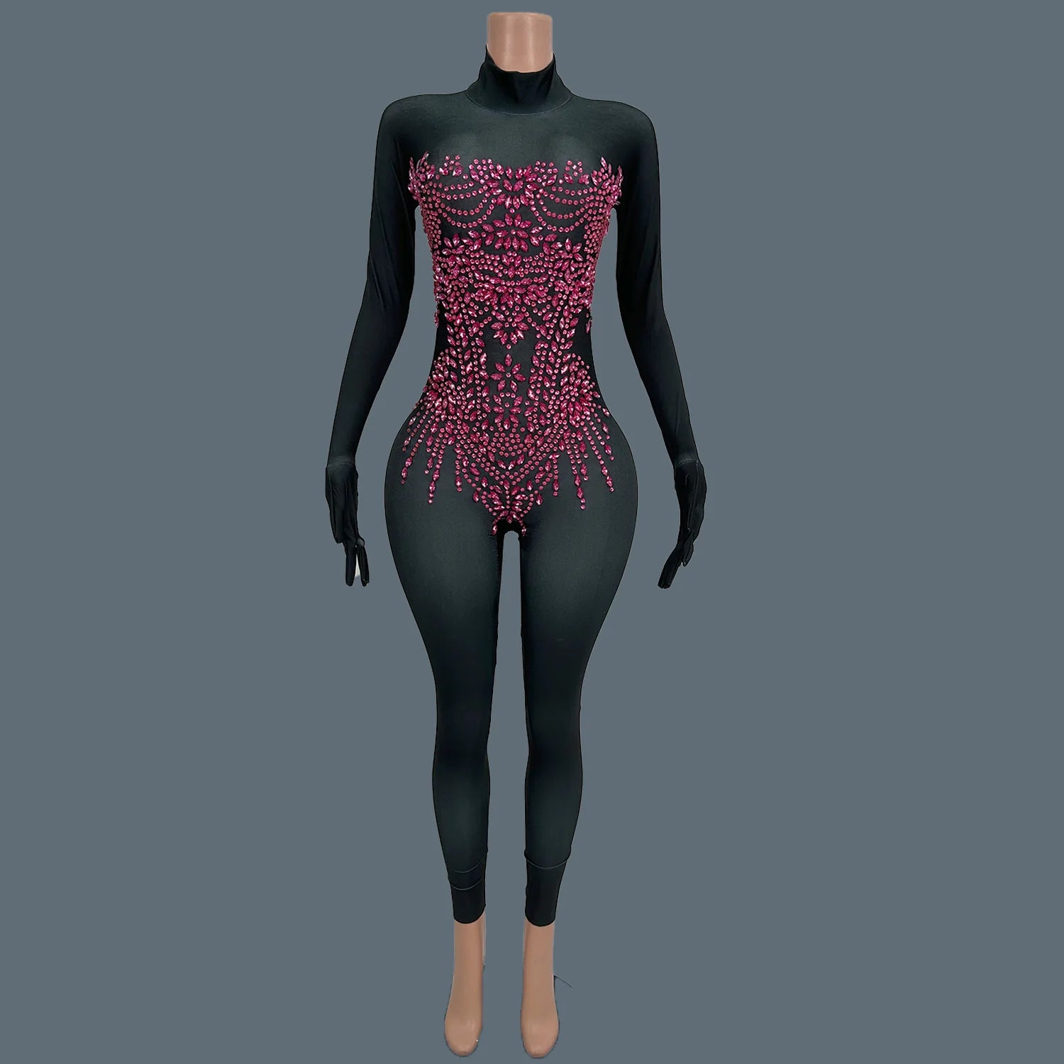 Sexy Women Long Sleeve Rhinestone Jumpsuit Gloves Festival Celebrate Party Outfit Club Stage Show Tight Fitting Jumpsuit Zhubao Black rose pink One Size
