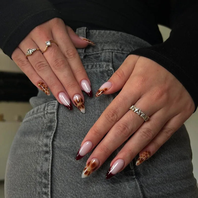 24Pcs Long Stiletto Fake Nail Brown Blue Smudge Leopard Print Press on False Nails Star Polka Dot Wearable Full Cover Nails Tips Z964