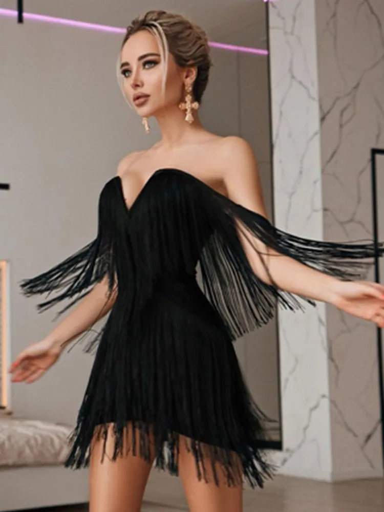 Summer Fashion Women Sexy Off Shoulder Tassel Black White Mini Bodycon Bandage Dress 2023 Elegant Evening Club Party Dress
