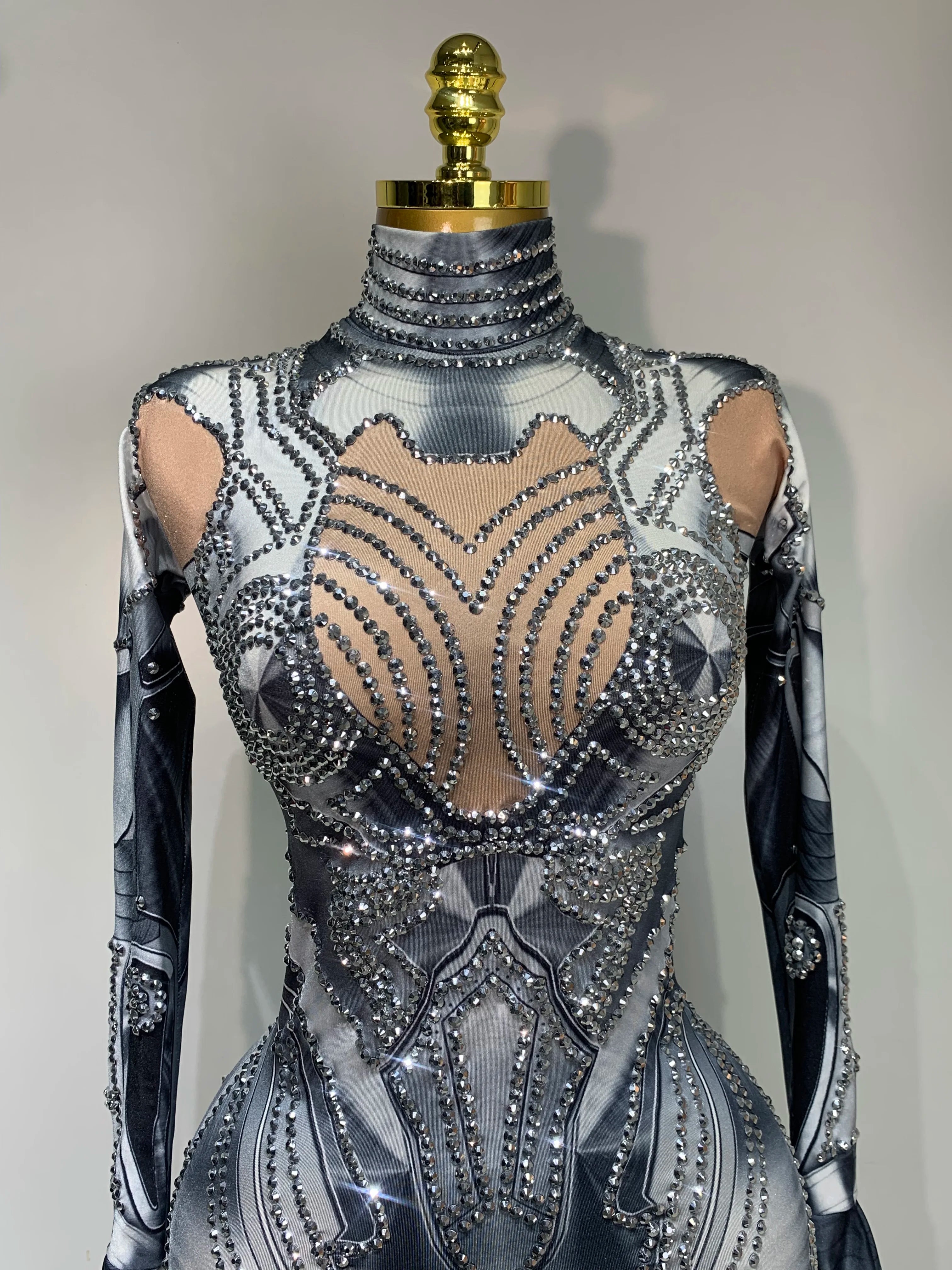 2025 Sexy Stretchy Performance Dance Nightclub Rompers Singer Stage Wear Sparkly Rhinestones Jumpsuit Gloves for Women Costume