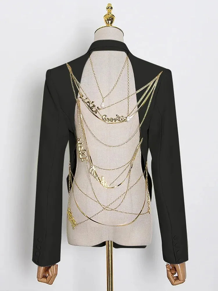 Backless Spliced Button Blazers For Women Notched Collar Long Sleeve Patchwork Chain Chic Blazer Female Fashion New
