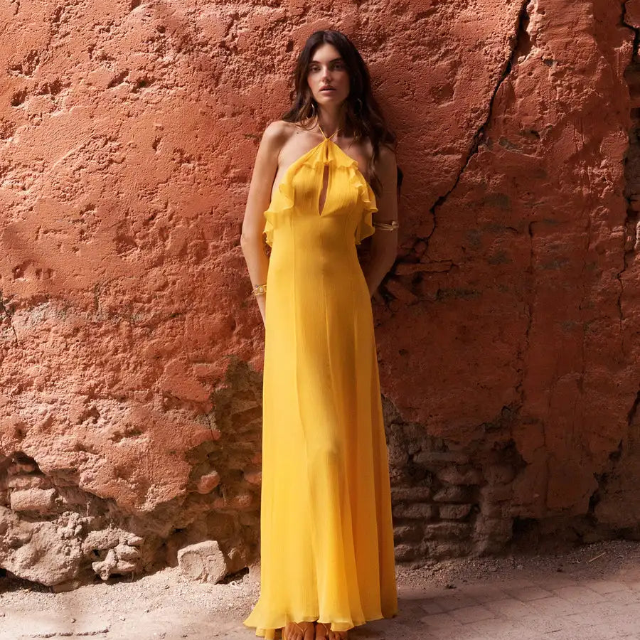 2025 New Summer Women Sexy Halter Chiffon Loose Long Dress Beach Style Vacation Casual Birthday Party Outfit Vestido Orange