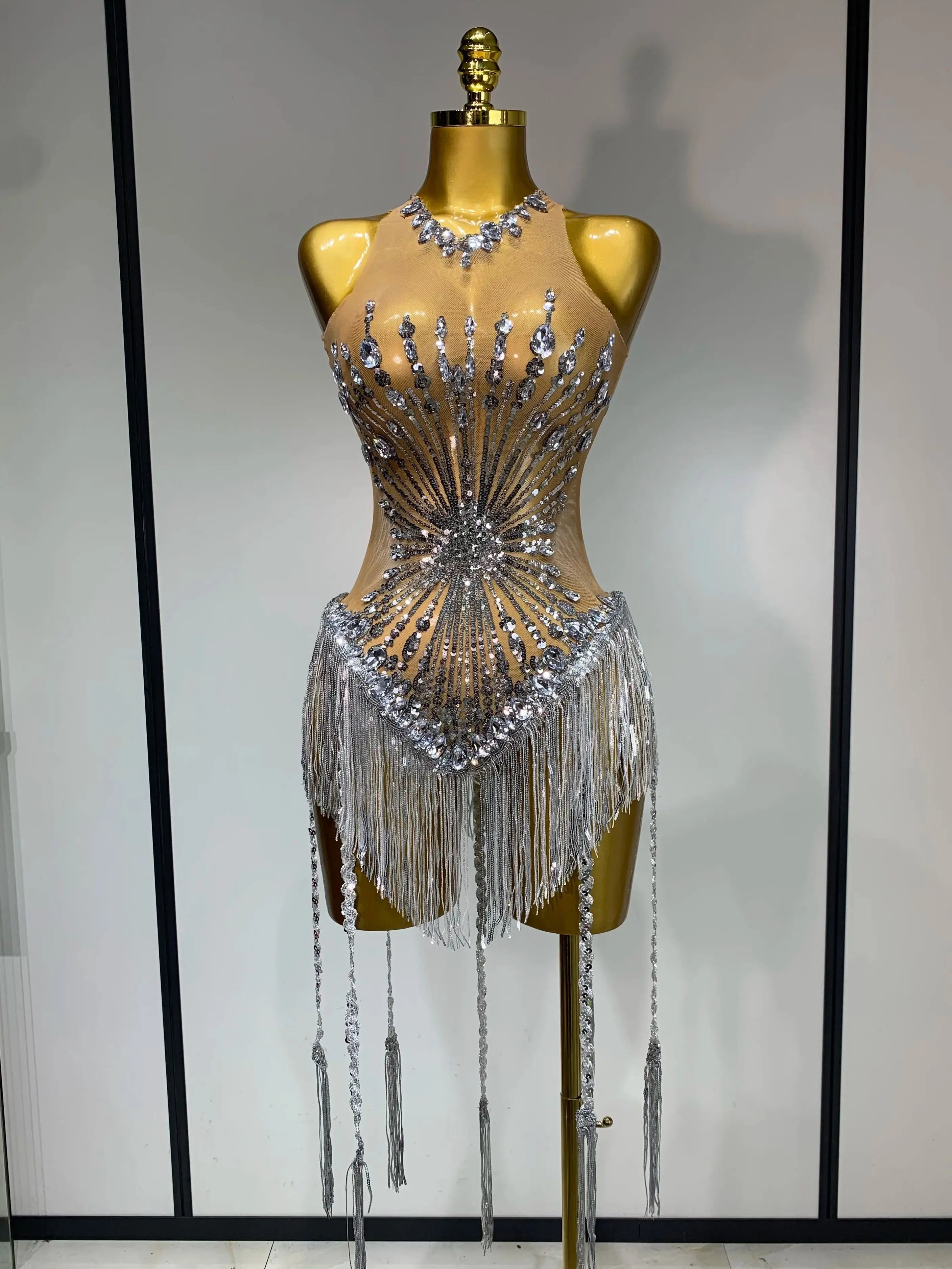 Women Sexy Mesh See Through Diamonds Long Tassels Bodysuit Luxury Evening Party Bar Nightclub Stage Performance Singer Outfit Silver