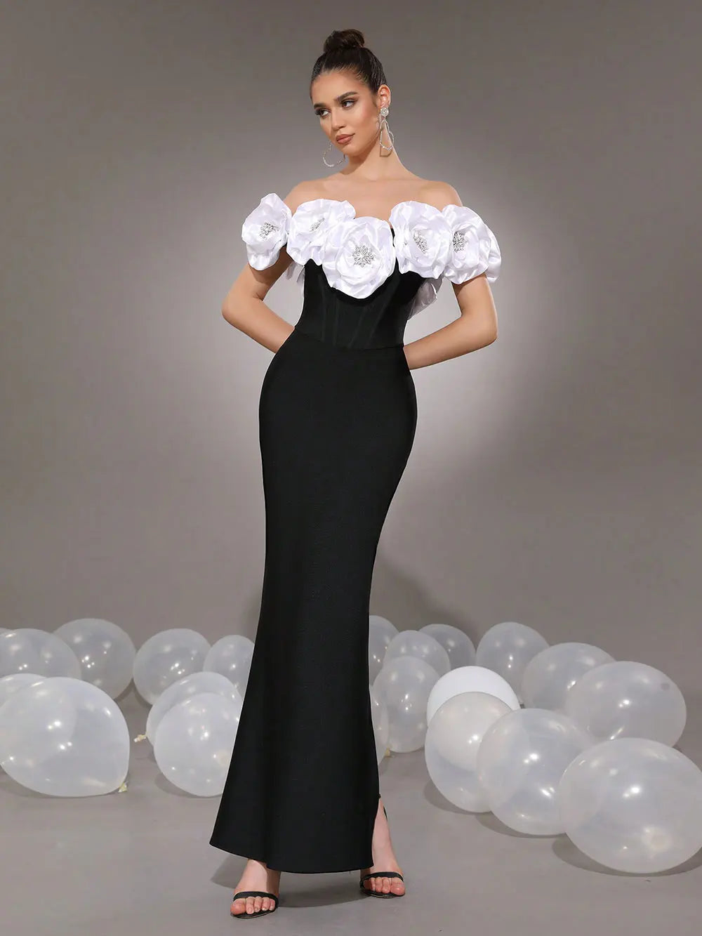 2025 Elegant Women's Light Luxury Flower Design Bandage Dresses One Collar Shoulder Bodycon Bareback Long Dress Party Vestidos black