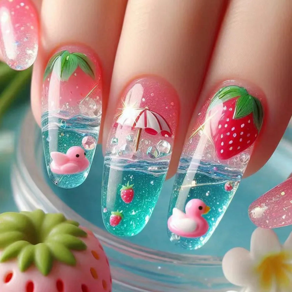 24pcs/set Medium long fake nails Gradient blue ocean fish sun flowers butterfly square ballet summer tips press on false nail 2365