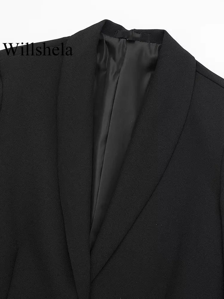 Willshela Women Fashion Satin Black With Feather Blazer Jacket Vintage Notched Neck Single Button Long Sleeves Female Outfits