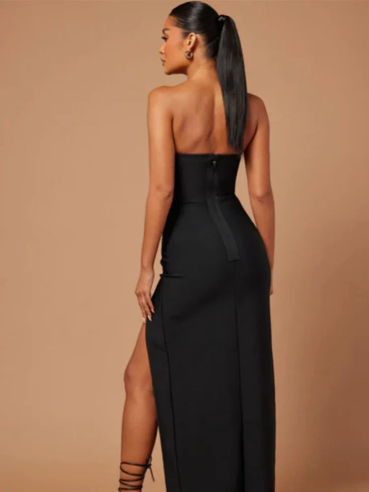 Red Black Women Sexy Strapless Shinning Diamond Line Bodycon Long Bandage Dress Elegant Birthday Party Cocktail Dress Outfit