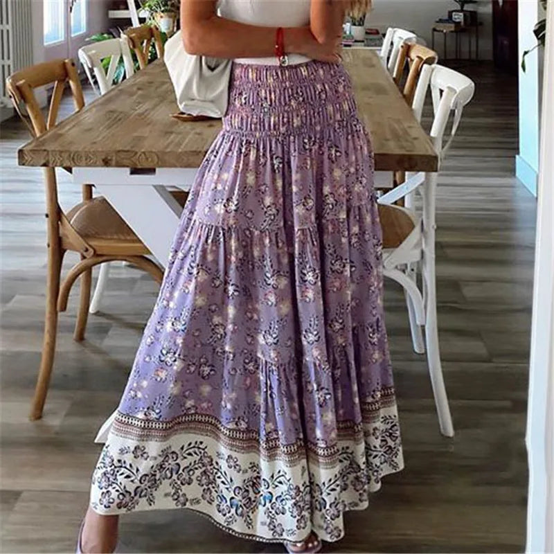 Sweet Style Casual Floral Print Skirts Vestido Summer Women Elastic High Waist Maxi Long Skirts Boho Ladies Holiday Beach Skirts PURPLE