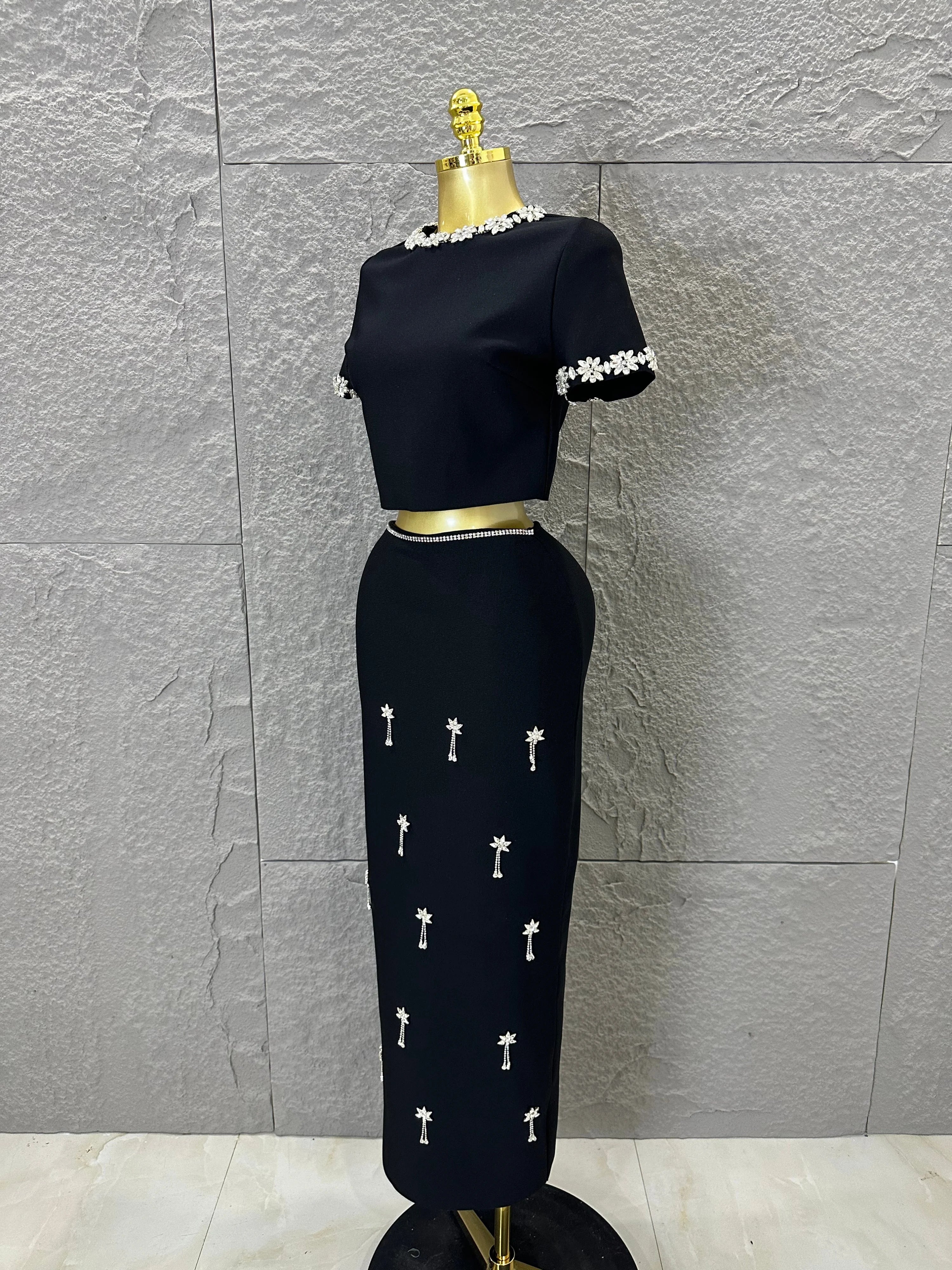 Black White Two Piece Set Women Elegant Short Sleeve Beaded Crop Top High Waist Pencil Midi Skirt Formal Suit