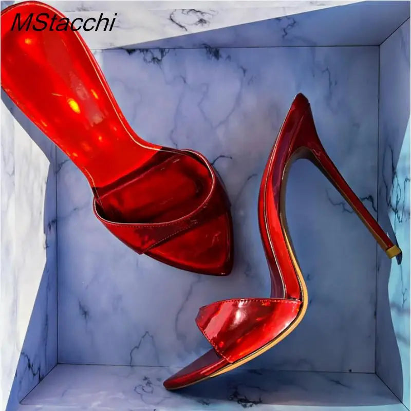 Laser Dazzling Color Sandals For Women Slippers Summer Star Style Very High Heel Shoes Peep Toe Ladies Stiletto Sandals 2025 red