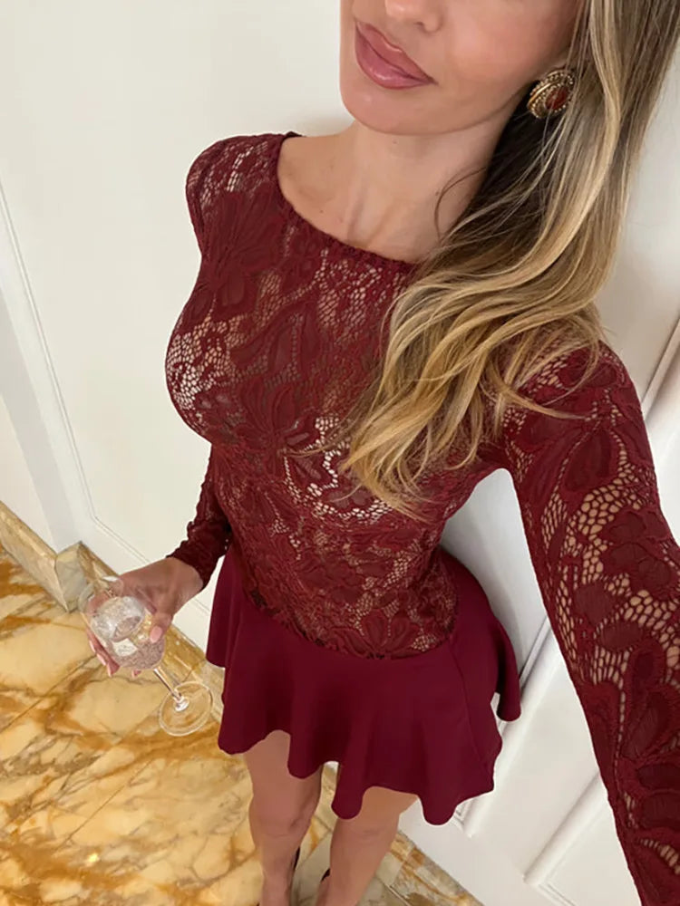 Lace Long Sleeve Sexy Mini Dress For Women Robe Patchwork O Neck Sheer Lace High Waist A-line Club Party Dress Vestido Burgundy